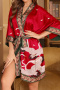 non-stretch imitation silk crane fixed printing with belt nightgown_Pink_Red
