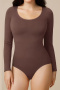 stylish plus size high stretch 3 colors long sleeve seamless shapewear bodysuit_Black_White_Brown