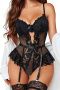 sexy slight stretch lace garter design with underwire teddy collections_Black