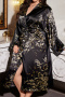new plus-size slight stretch plants printing imitation silk sleepwear(with belt)_Black
