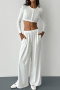 casual stretch pure color crop top pants sets_White