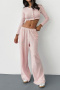 casual stretch pure color crop top pants sets_White_Pink