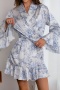 casual non-stretch satin printed ruffle with belt robe_Gray_Pink_Blue