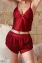 sexy non-stretch sling 5-colors imitation silk lace splicing shorts set sleepwear_Black_Rose Red