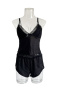 sexy non-stretch sling 5-colors imitation silk lace splicing shorts set sleepwear_Black