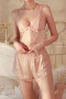 sexy non-stretch sling 5-colors imitation silk lace splicing shorts set sleepwear_Black_Rose Red_Green_Haze Blue_Champagne