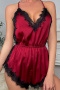sexy non-stretch lace splicing sling backless slit playsuit sleepwear_Black_Light Pink_Rose Red