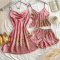 sexy non-stretch sling imitation silk printed three-piece set sleepwear_Black_Pink
