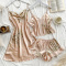 sexy non-stretch sling imitation silk printed three-piece set sleepwear_Black_Pink_Haze Blue_Champagne