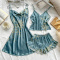 sexy non-stretch sling imitation silk printed three-piece set sleepwear_Black_Pink_Haze Blue