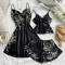 sexy non-stretch sling imitation silk printed three-piece set sleepwear_Black