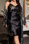 sexy plus size sling imitation silk robe printed belt two-piece set sleepwear_Black