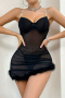 sexy stretch see-through mesh fuzzy decor babydoll (with thong & underwire)_Black