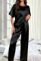 plus size non-stretch imitation silk solid color pants sets(size run small)_Black