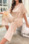 plus size non-stretch imitation silk solid color pants sets(size run small)_Black_Pink_Rose Red_Aqua Green_Blue_Dark Blue_Purple_Beige