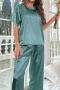 plus size non-stretch imitation silk solid color pants sets(size run small)_Black_Pink_Rose Red_Aqua Green