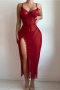 sexy slight stretch see-through mesh high slit babydoll with underwire thong_Red_Rose Red