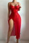 sexy slight stretch see-through mesh high slit babydoll with underwire thong_Red