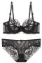 sexy plus size slight stretch see-through lace with underwire thin bra set #1_Black