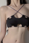 sexy slight stretch solid color cross thin strap with thin padded bra set_Black