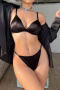 sexy slight stretch solid color with thin padded satin bra thongs set_Black