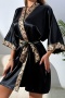 sexy non-stretch imitation silk print belt three-quarter sleeves robe sleepwear_Black