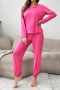 casual slight stretch crew neck solid color pants sets loungewear_Black_Magenta