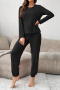 casual slight stretch crew neck solid color pants sets loungewear_Black