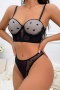 sexy slight stretch dot mesh underwire padded gathered bra & panty set_Black