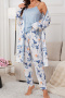 slight stretch floral batch printing three-piece set loungewear#1_Gray_Sky Blue