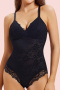 sexy plus size slight stretch lace sling slim waist bodysuit shapewear_Black