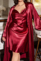 casual plus size non-stretch imitation silk belt sling midi dress nightgown set_Black_Red