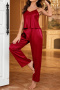 casual non-stretch sling imitation silk simple thin pants set sleepwear_Black_Red
