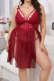 sexy plus size stretch see-through mesh lace high slit babydoll with thong_Black_Pink_Rose Red