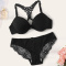 sexy slight stretch 3 colors lace trim with underwire padded bras sets_Black