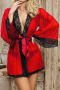 plus size slight stretch see-through lace nightgown(with belt&thong,asia size)_Black_Red