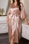 sexy non-stretch solid color imitation silk loose nightgown with belt_Black_Red_Champagne