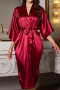 sexy non-stretch solid color imitation silk loose nightgown with belt_Black_Red
