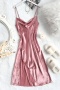 sexy non-stretch solid color sling high slit imitation silk mini dress sleepwear_Black_Pink