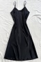 sexy non-stretch solid color sling high slit imitation silk mini dress sleepwear_Black