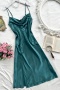 sexy non-stretch solid color sling high slit imitation silk mini dress sleepwear_Black_Pink_Red_Green