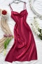 sexy non-stretch solid color sling high slit imitation silk mini dress sleepwear_Black_Pink_Red