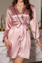 sexy non-stretch imitation silk long-sleeved nightgown with belt_Pink