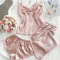 sexy non-stretch solid color imitation silk three piece set sleepwear_Black_Pink