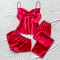 sexy non-stretch solid color imitation silk three piece set sleepwear_Black_Pink_Red