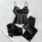 sexy non-stretch solid color imitation silk three piece set sleepwear_Black