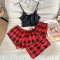 sexy non-stretch imitation silk plaid print three-piece set sleepwear_Red