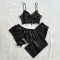 sexy non-stretch thin imitation silk solid color three-piece set sleepwear_Black