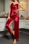 sexy non-stretch stitching mesh lace-up pants sets sleepwear(size run small)_Black_Rose Red
