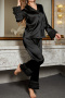 non-stretch imitation silk lace trim pants sets sleepwear(size run small)_Black